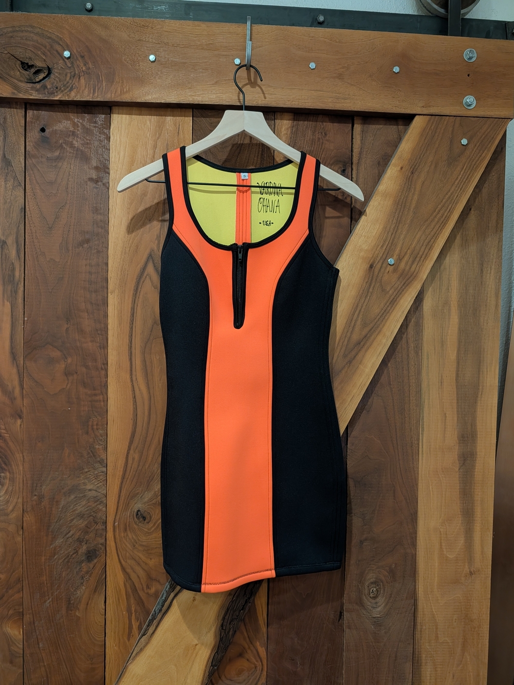 Neoprene Mini Dress in Orange and Black with Front Zip